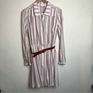 A loves A Women L Beige Red Striped Belted Cotton Shirt Dress Crochet Peasant